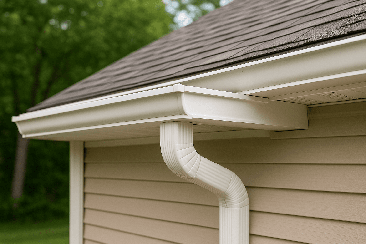 Close-up of seamless aluminum gutters and a downspout on a Fort Wayne, Indiana home