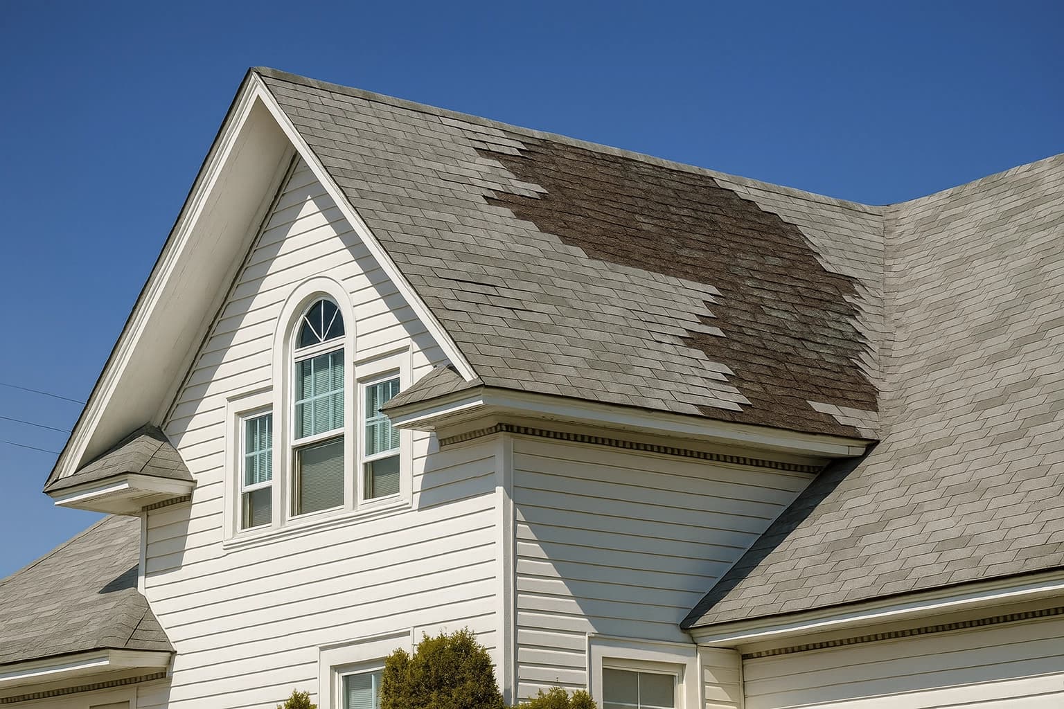 Storm-damaged asphalt shingle roof with missing shingles on a Fort Wayne, Indiana home