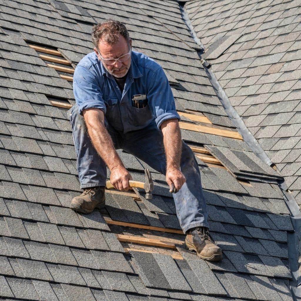 Roof repair contractor fixing damaged shingles in Fort Wayne